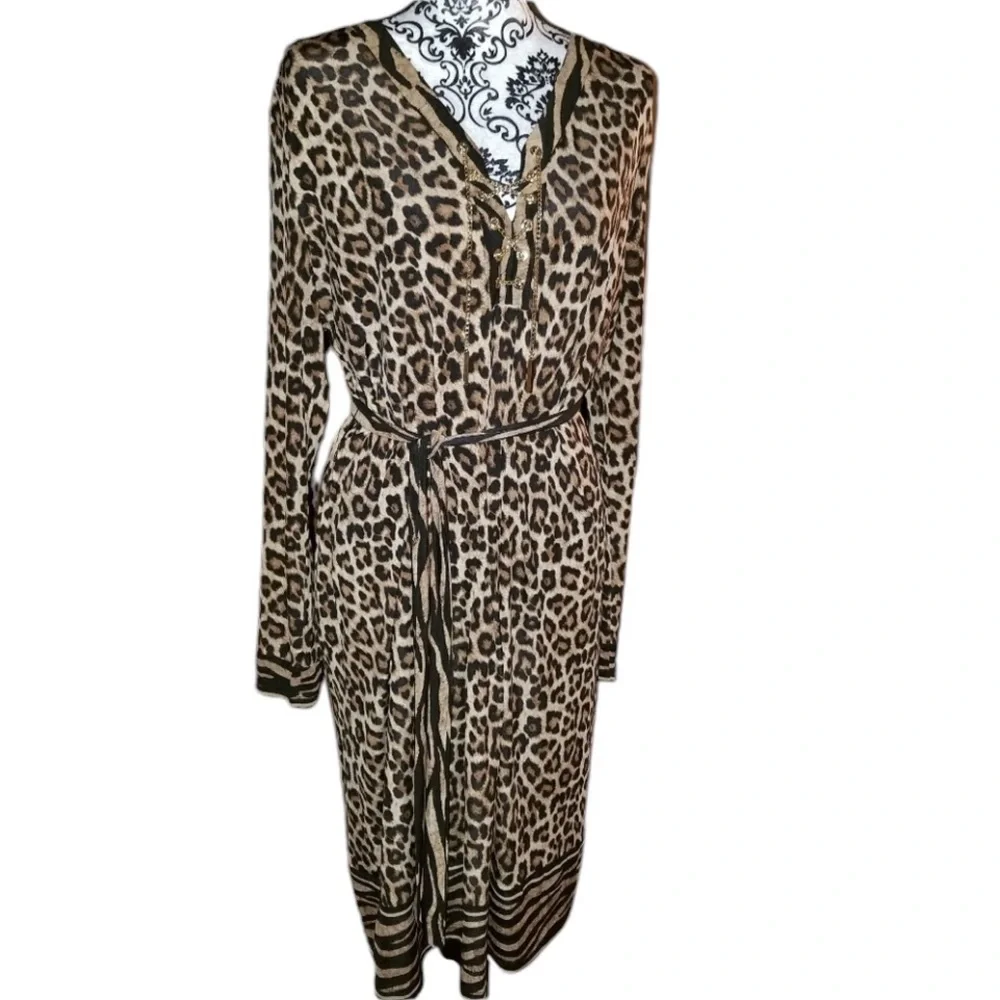 Micheal  Kors size XL black leopard print dress gold chain detail optional belt
